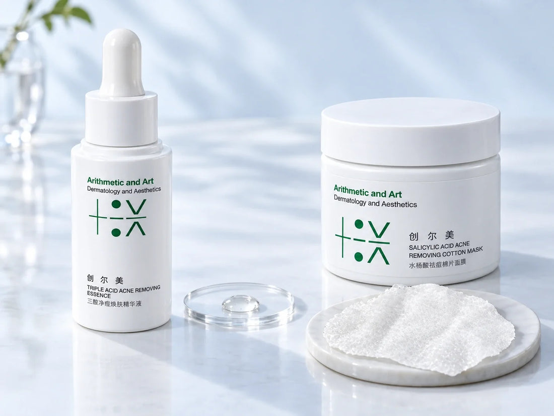Trauemy triple-acid serum, Trauemy salicylic-acid cotton mask pads — real-product editorial scene