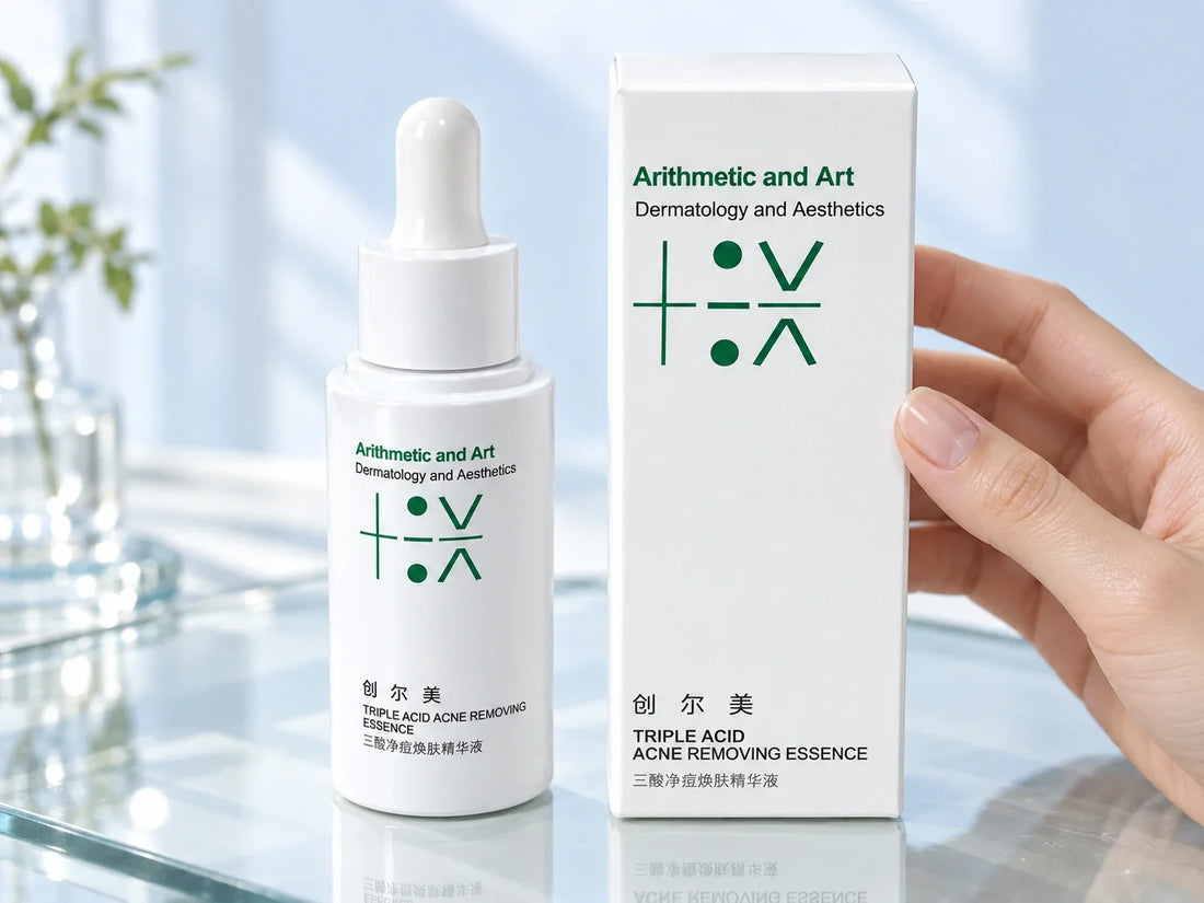 Trauemy triple-acid serum — real-product editorial scene