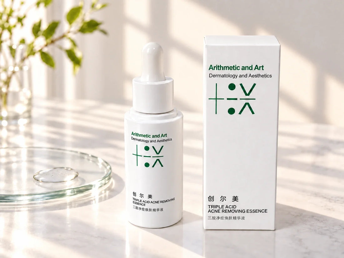 Trauemy triple-acid serum — real-product editorial scene