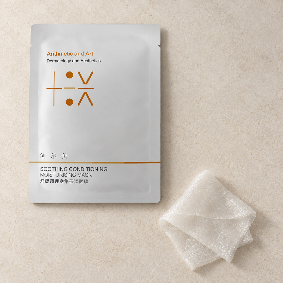 Trauemy A03 inner mask sachet beside a small folded wet sheet on a matte mineral field