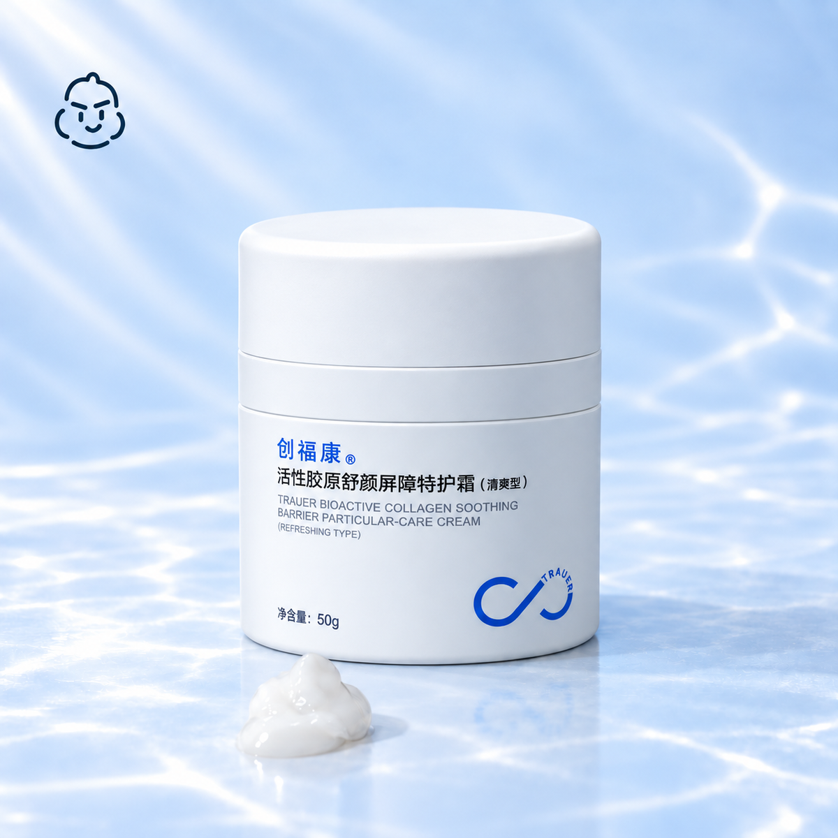 Trauemy A04 white 50 g inner cream jar beside a small supported white cream dollop