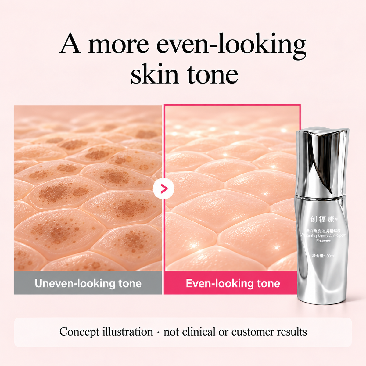 Concept illustration of uneven and even-looking skin tone; not clinical or customer results