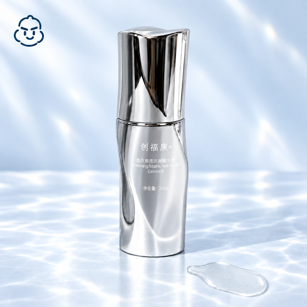 Trauemy A05 silver 30 mL inner serum bottle beside a small clear serum pool
