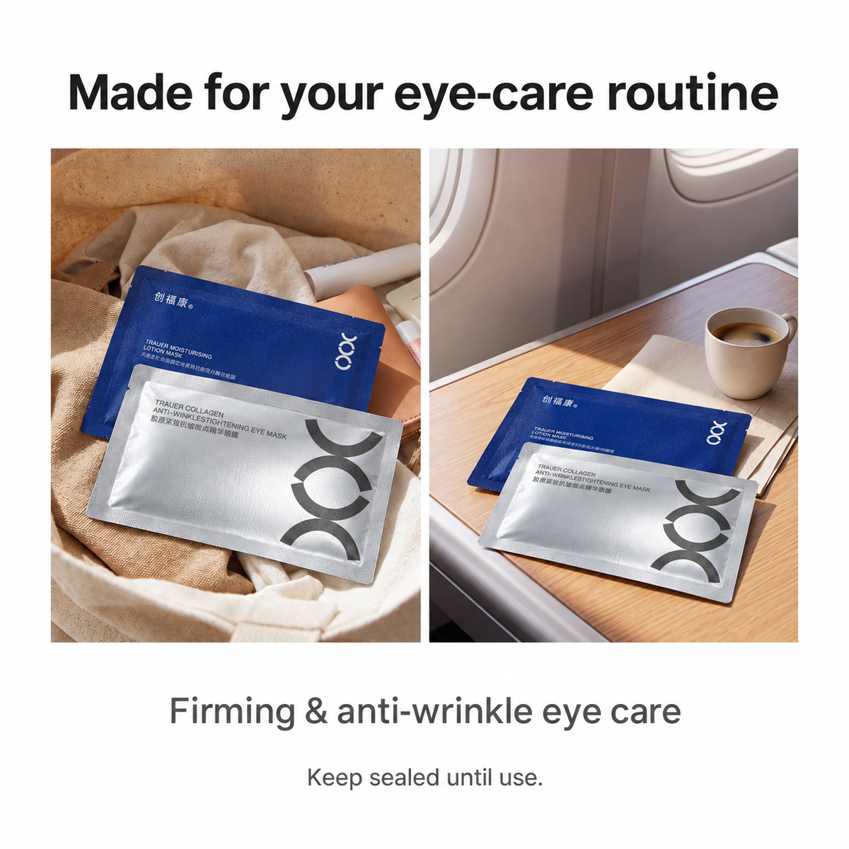 Eye-care component pouches in daily skincare scenes