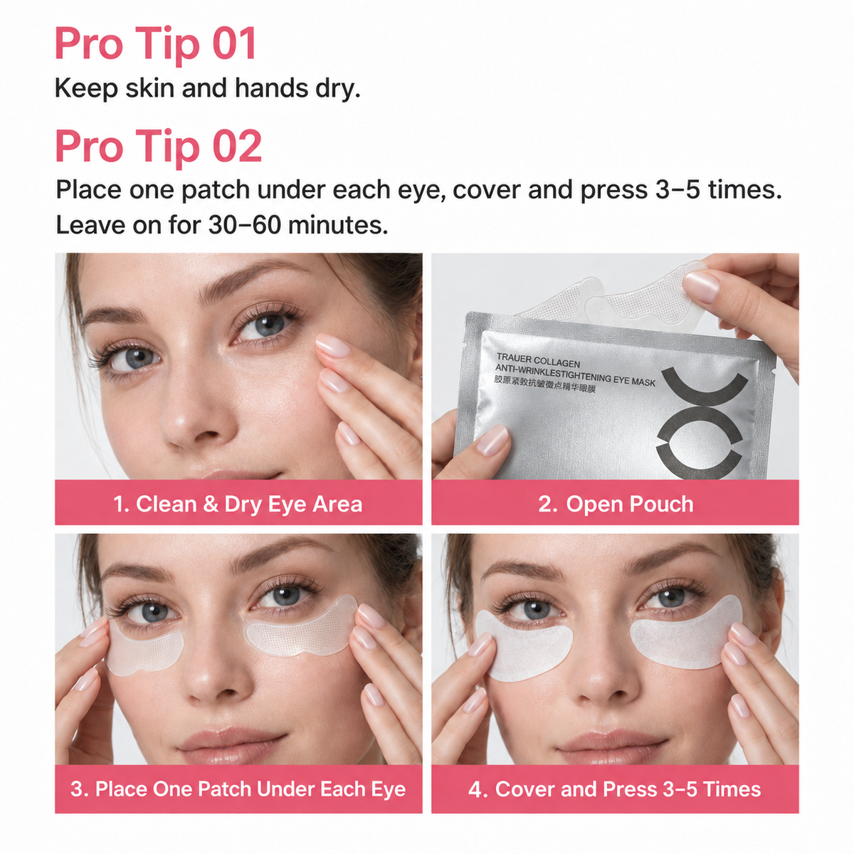 Keep skin dry, apply patches and cover for 30–60 minutes