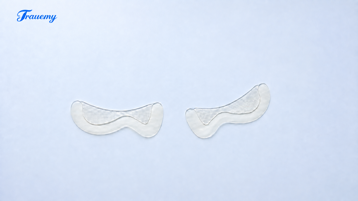 Two thin curved translucent microdot eye patches on a pale blue surface