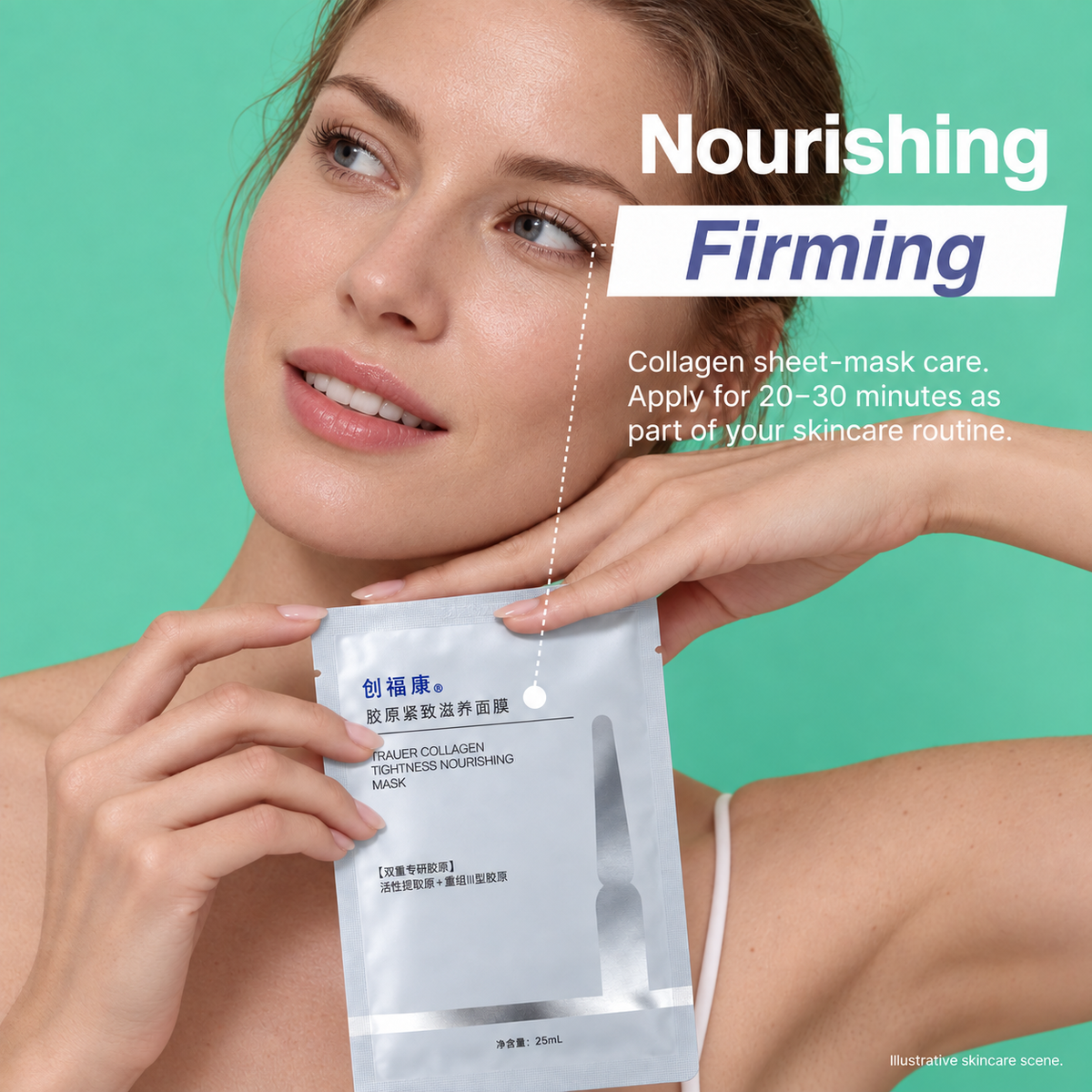 European model holding the collagen nourishing mask sachet