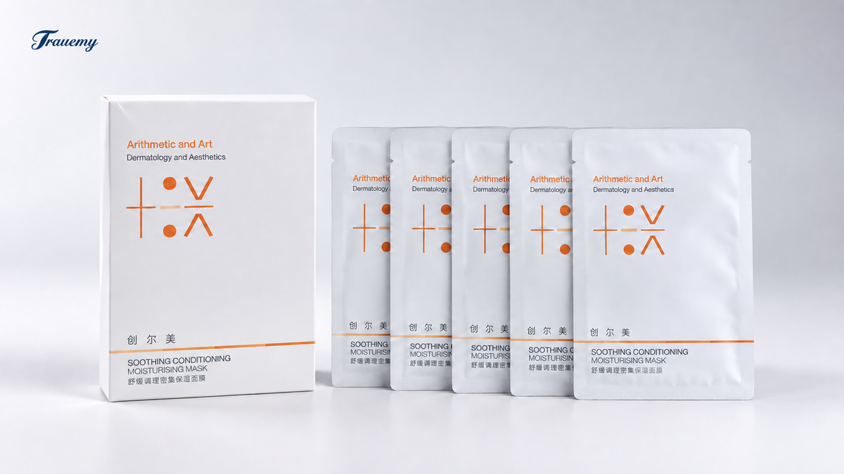 Trauemy Soothing Conditioning Moisturising Mask: one carton beside five sealed individual foil pouches, 25 mL per mask