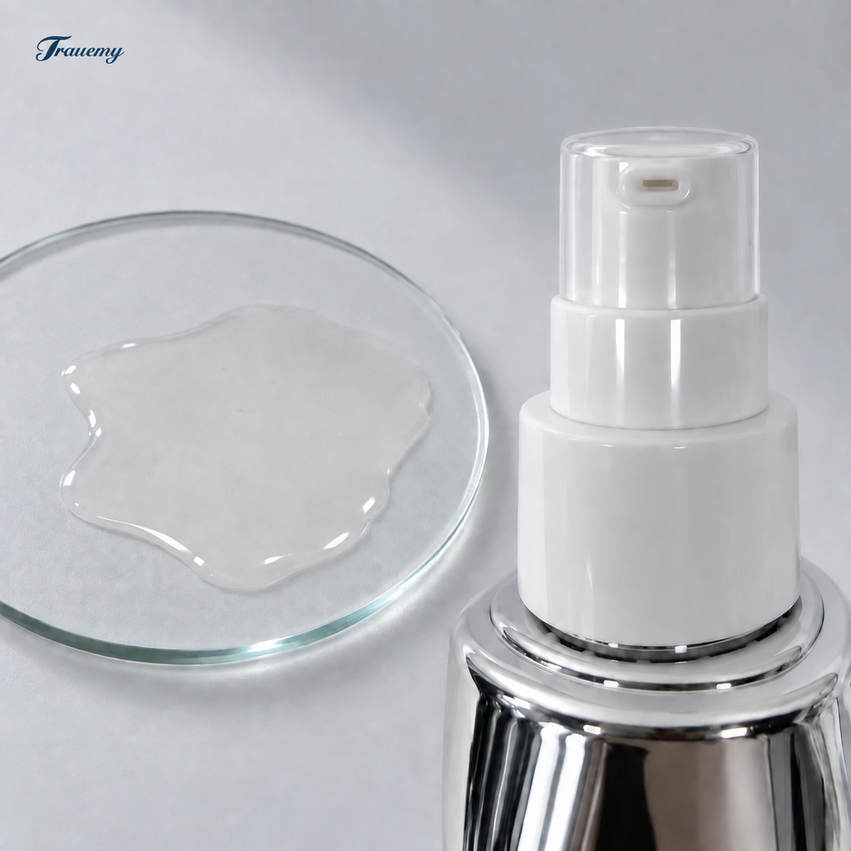Trauer facial essence detail: white press pump beneath a clear protective cover beside a thin translucent serum swatch on a glass dish