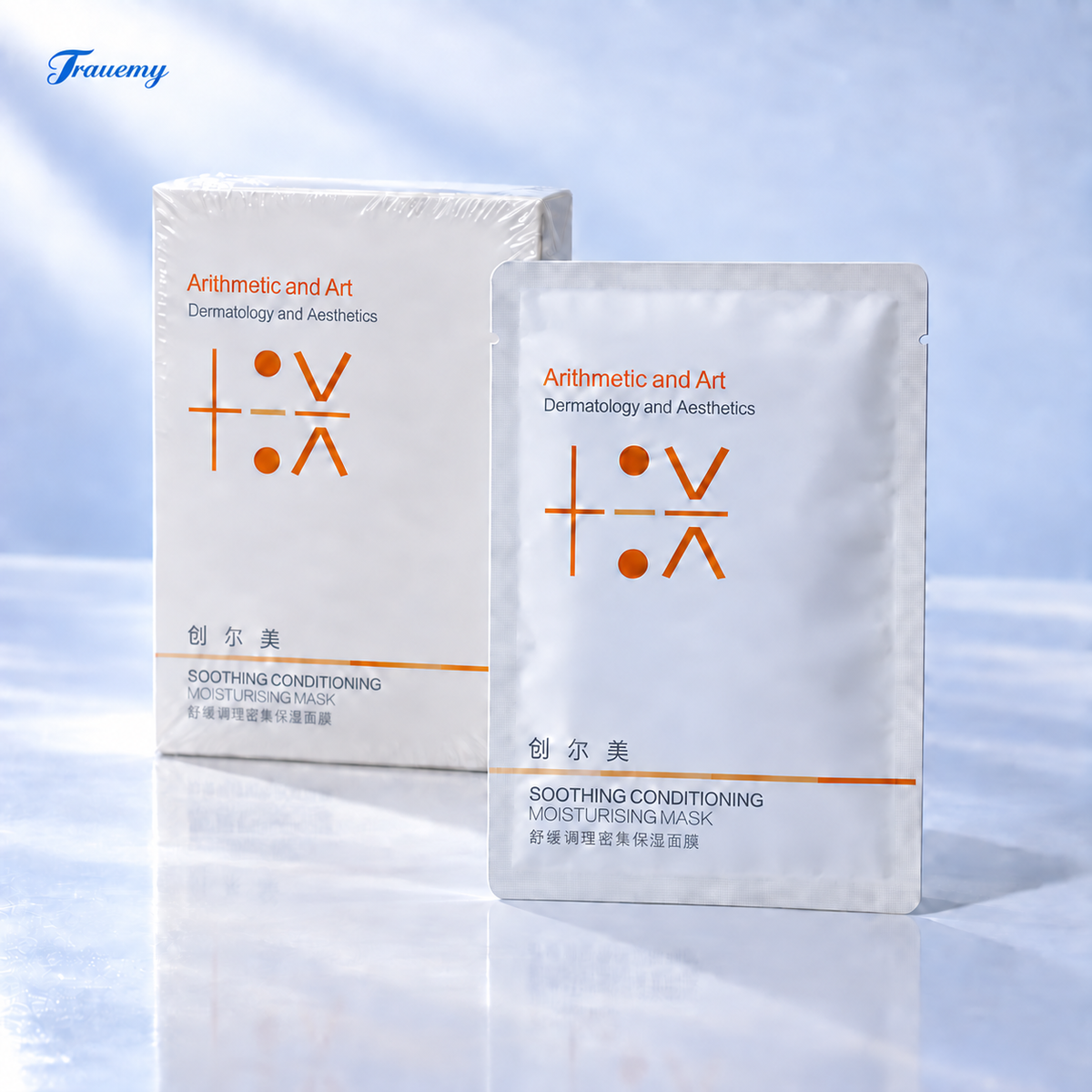 Trauemy Soothing Conditioning Moisturising Mask: sealed single-use pouch in front of its white carton, 25 mL × 5 per box